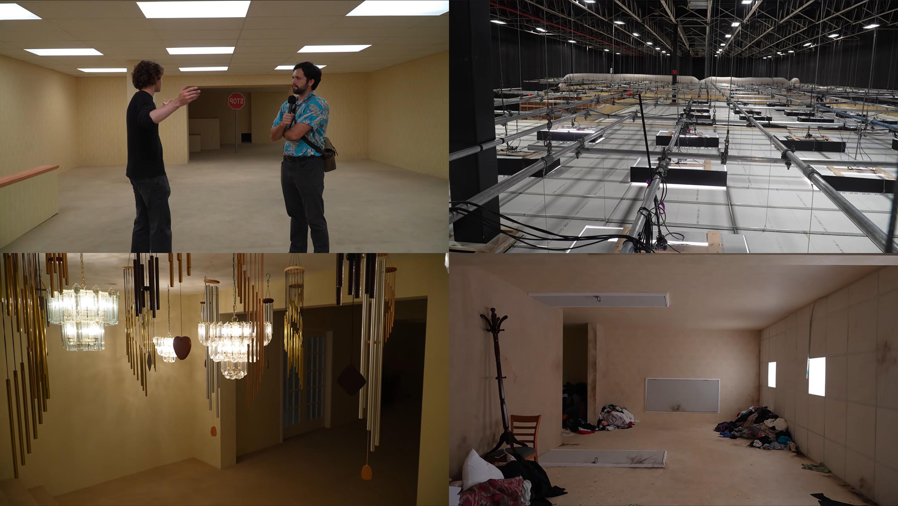 Four images from behind the scenes of the Backrooms film